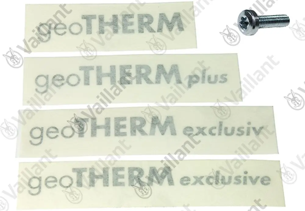 Aufkleber-Satz von Vaillant mit verschiedenen Beschriftungen wie "geoTHERM" und "geoTHERM plus", sowie einer Schraube, auf einem hellen Hintergrund.
